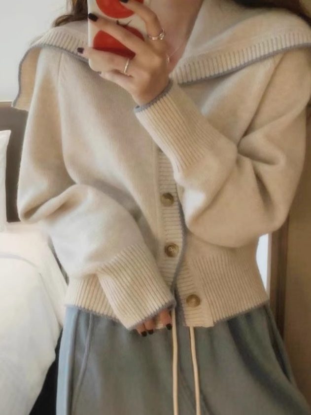 Ribbed Knit Cardigan with Oversized Sailor Collar for Women