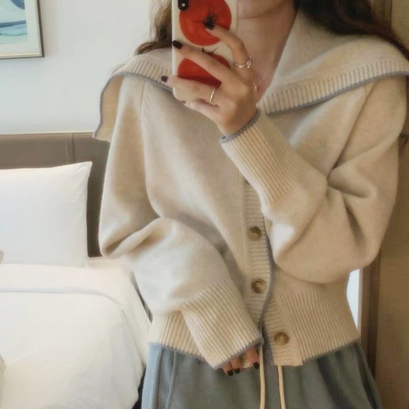 Ribbed Knit Cardigan with Oversized Sailor Collar for Women - Beige