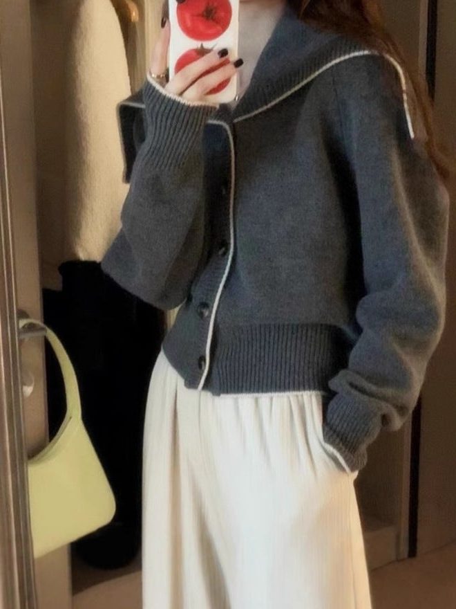 Ribbed Knit Cardigan with Oversized Sailor Collar for Women - View 2