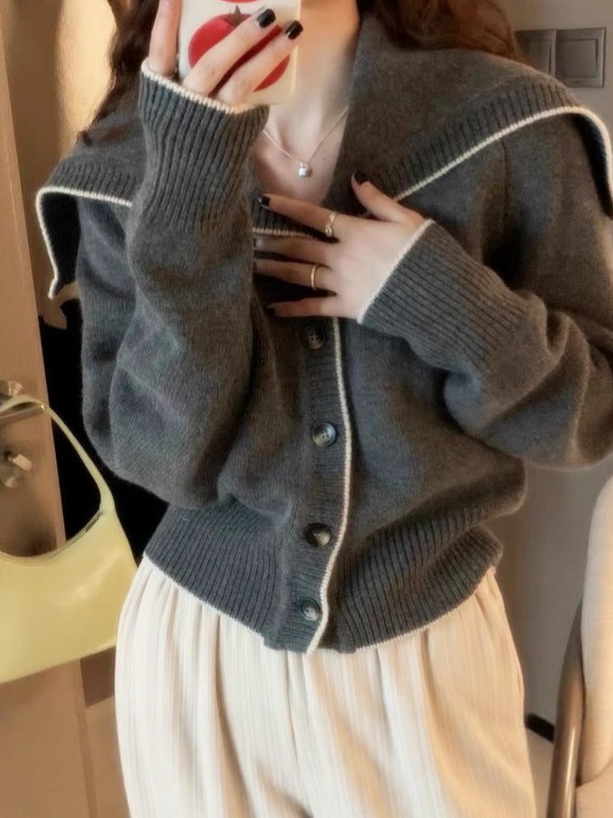 Ribbed Knit Cardigan with Oversized Sailor Collar for Women - View 5
