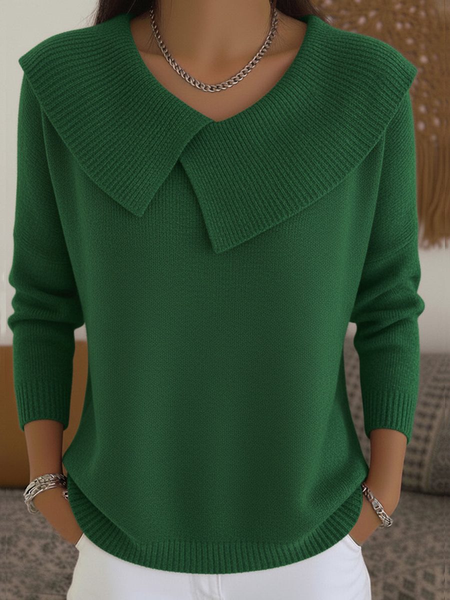 Ribbed Knit Collared Pullover for Women - Vert