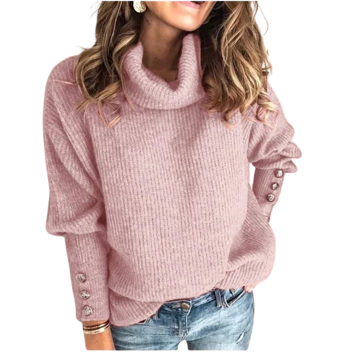 Ribbed Knit Cowl Neck Sweater for Women - Pink