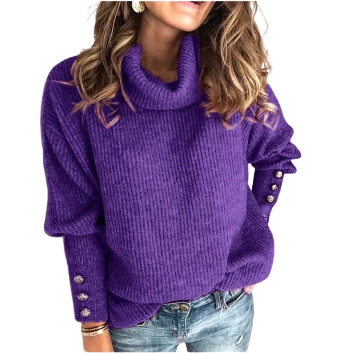 Ribbed Knit Cowl Neck Sweater for Women - Purple