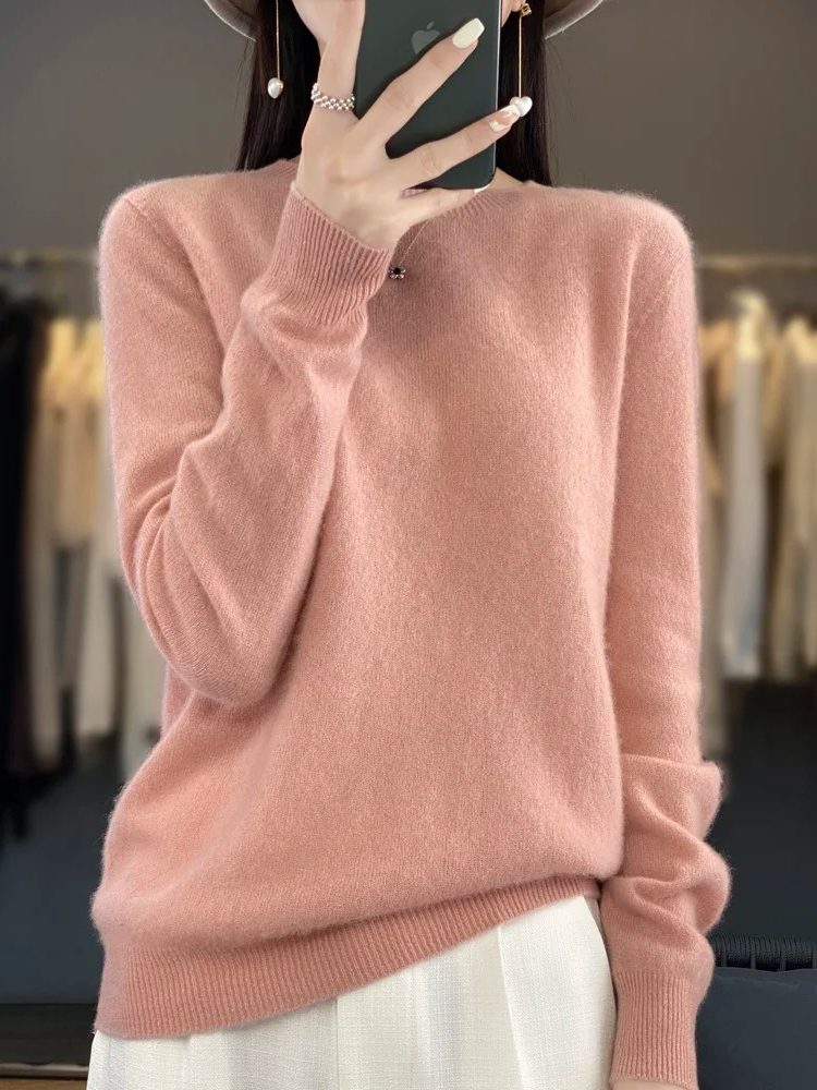 Ribbed Knit Crew Neck Sweater for Women - Light pink