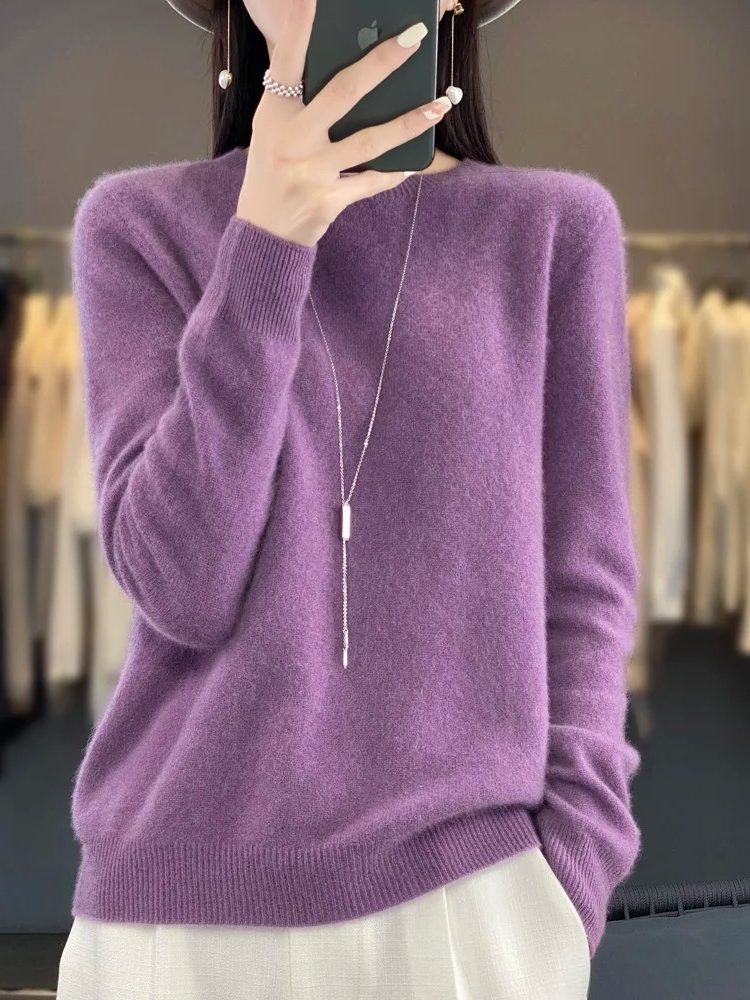 Ribbed Knit Crew Neck Sweater for Women - Light violet