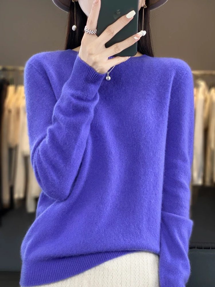 Ribbed Knit Crew Neck Sweater for Women - Purple