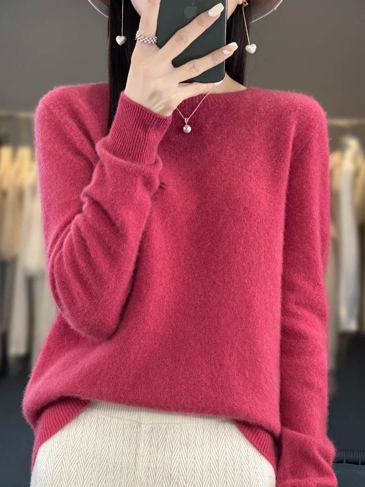 Ribbed Knit Crew Neck Sweater for Women - Pink