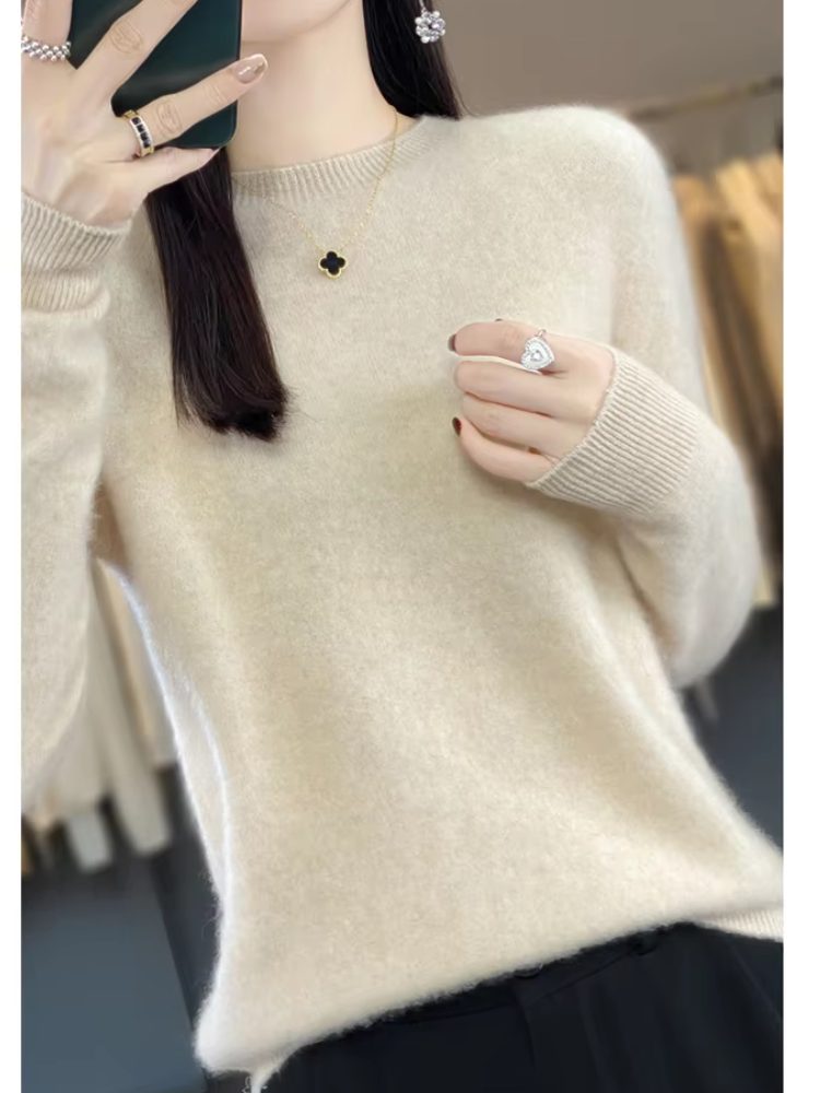 Ribbed Knit Crew Neck Sweater for Women - Beige