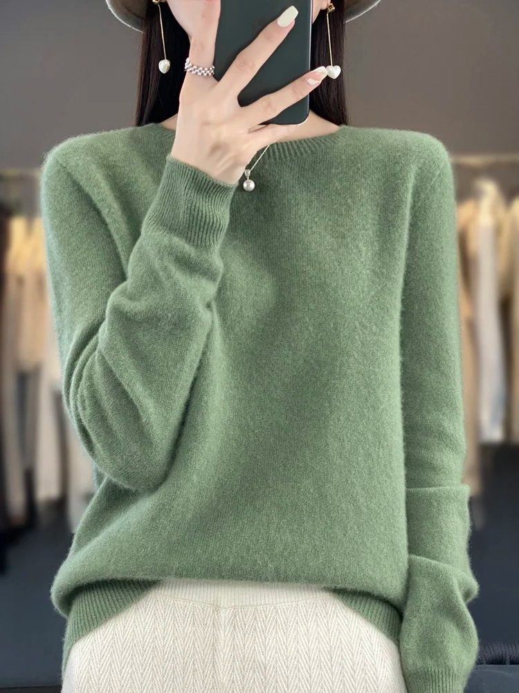 Ribbed Knit Crew Neck Sweater for Women - Light green