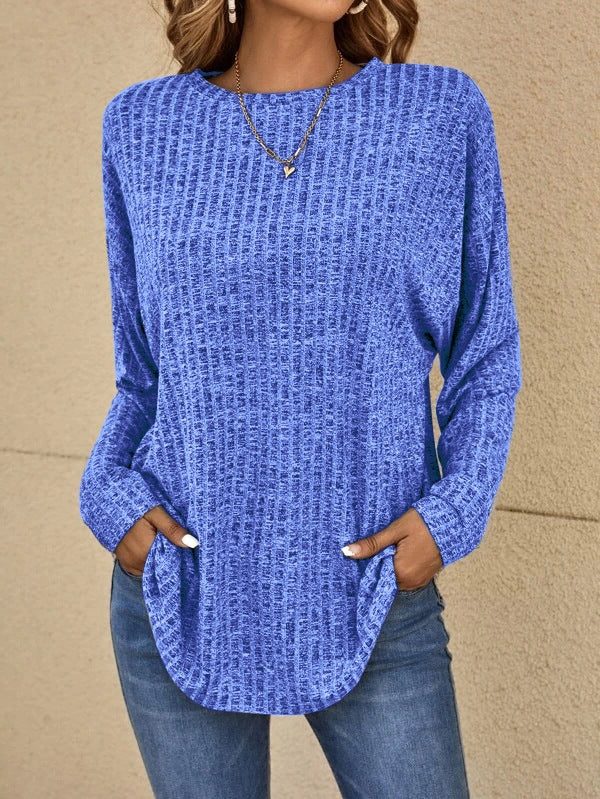 Ribbed Knit Crew Neck Sweater with Long Sleeves for Women