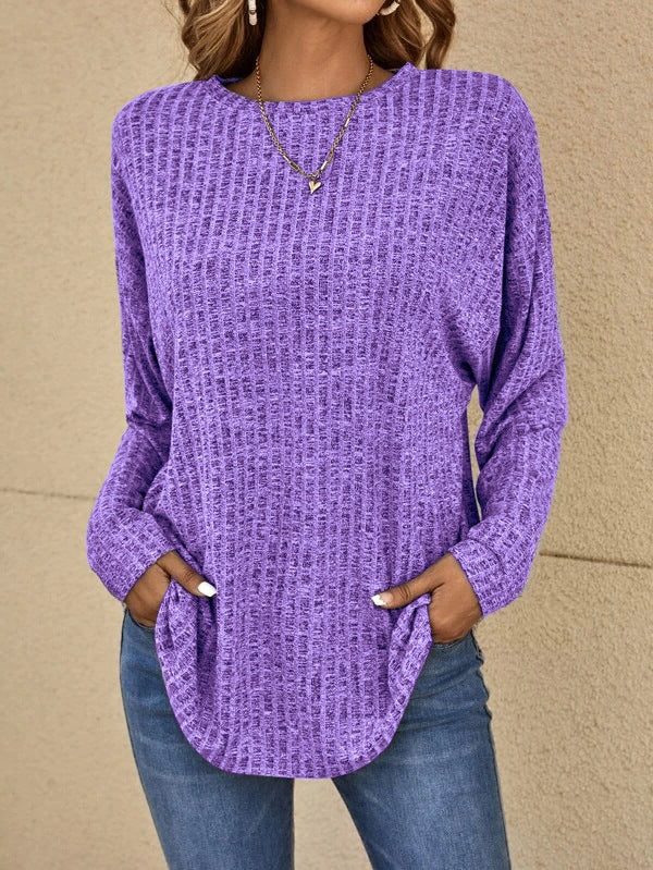 Ribbed Knit Crew Neck Sweater with Long Sleeves for Women - Purple