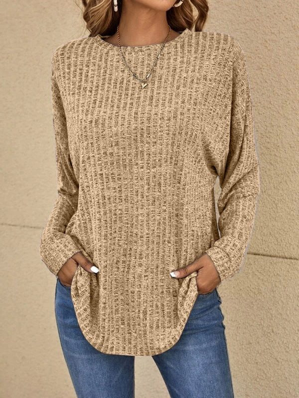 Ribbed Knit Crew Neck Sweater with Long Sleeves for Women - Khaki