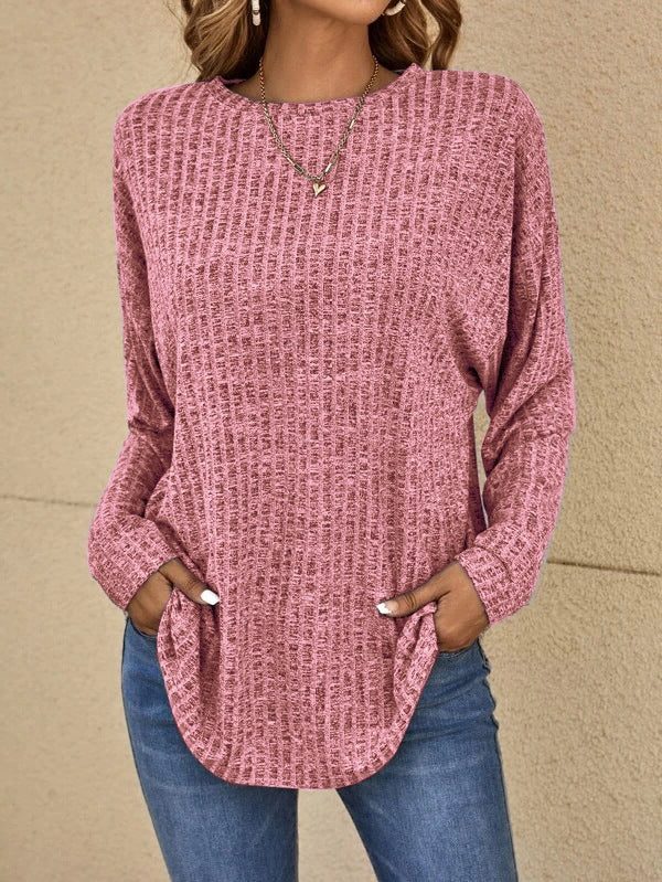 Ribbed Knit Crew Neck Sweater with Long Sleeves for Women - Pink