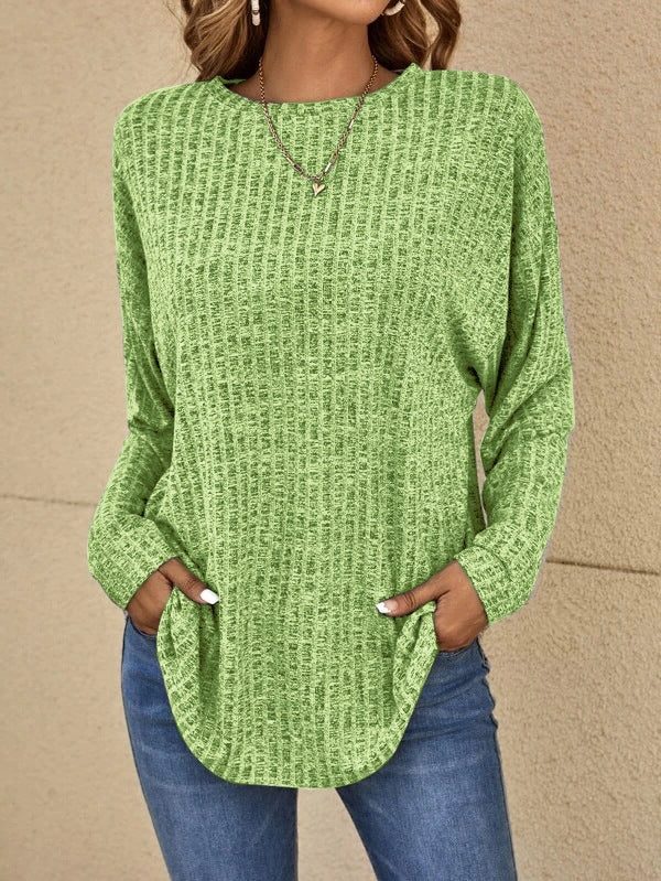 Ribbed Knit Crew Neck Sweater with Long Sleeves for Women - Green