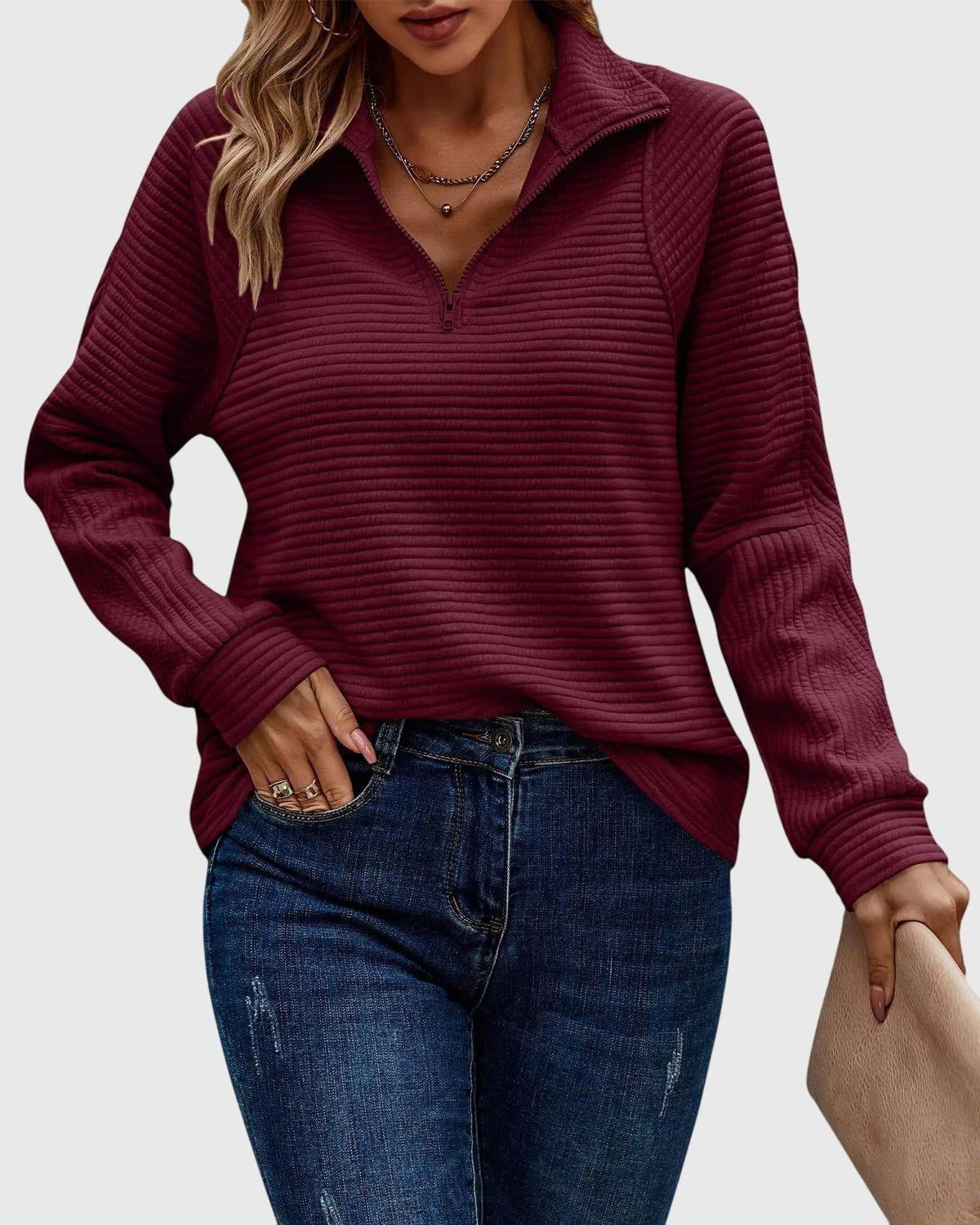 Ribbed Knit Half-Zip Pullover for Women - Maroon