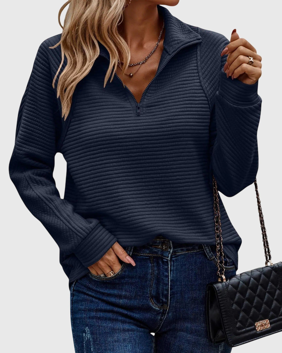 Ribbed Knit Half-Zip Pullover for Women - Dark blue