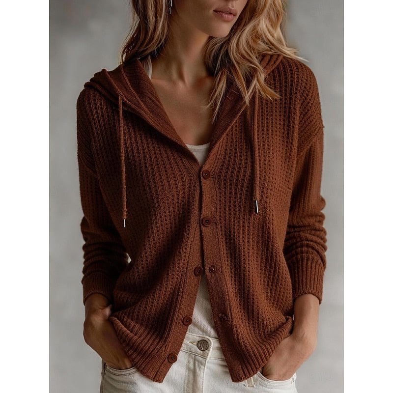 Ribbed Knit Hooded Button-Front Cardigan for Women