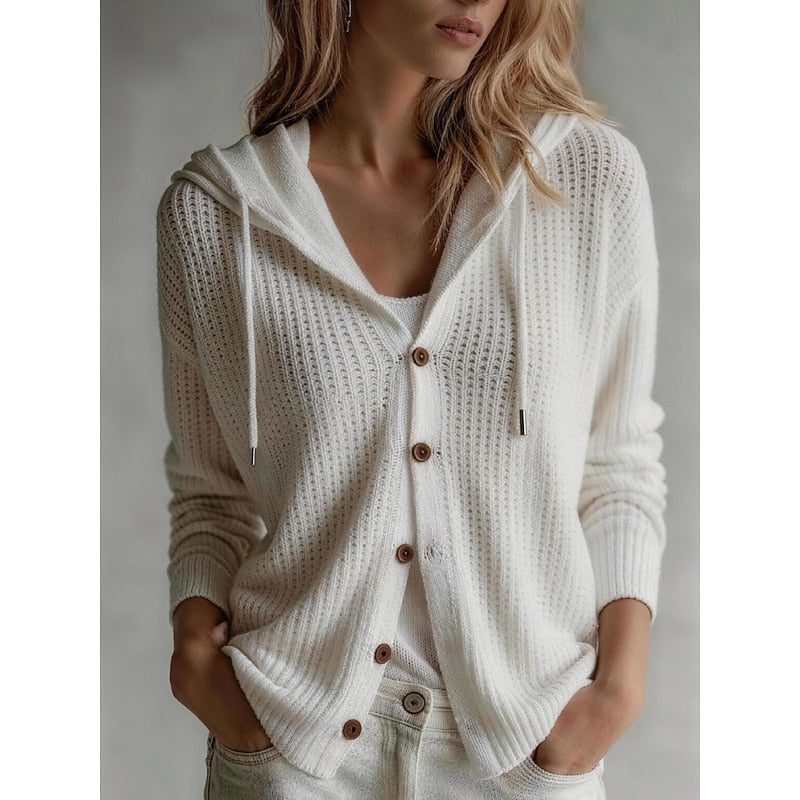 Ribbed Knit Hooded Button-Front Cardigan for Women - White