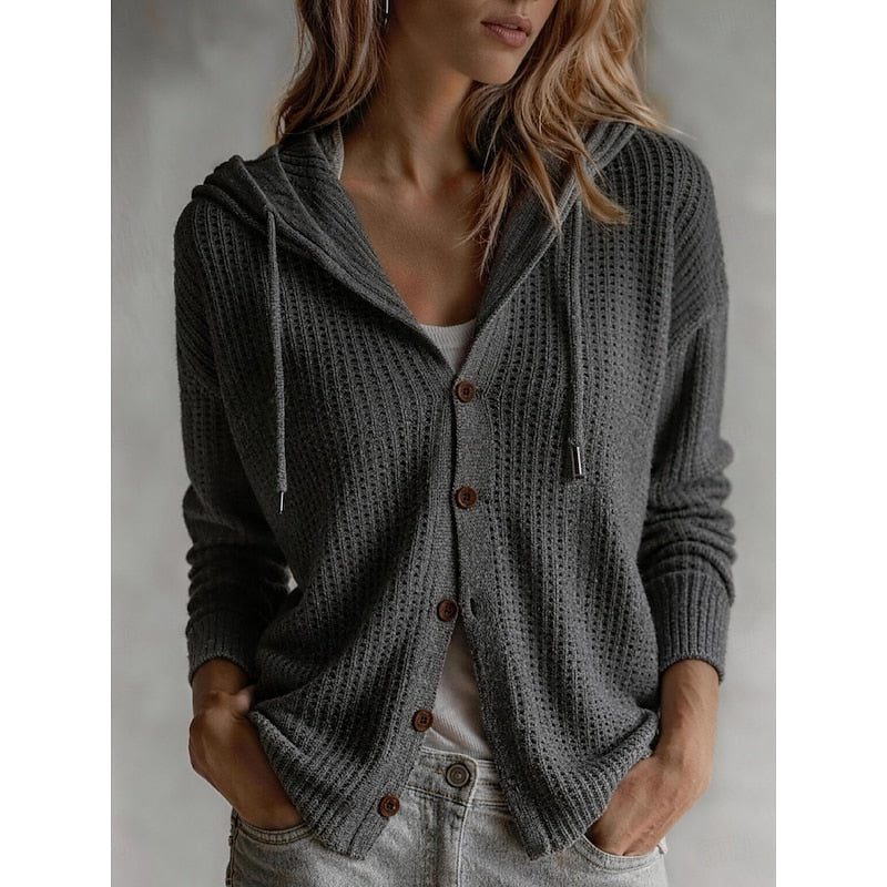 Ribbed Knit Hooded Button-Front Cardigan for Women - Grey