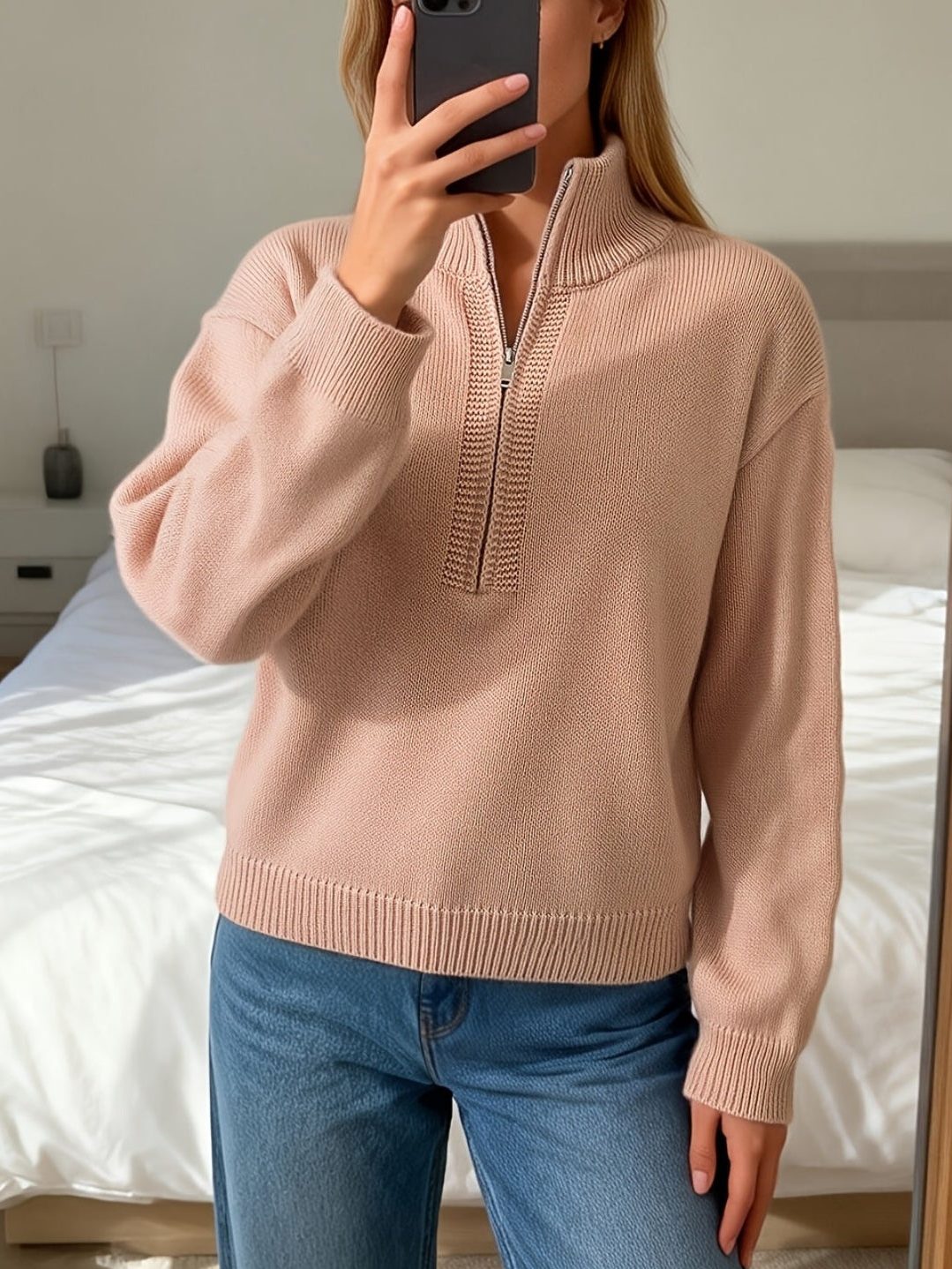 Ribbed Knit Long Sleeve Sweater with Stand Collar for Women