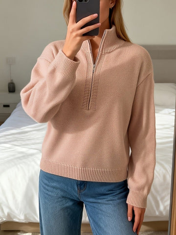 Ribbed Knit Long Sleeve Sweater with Stand Collar for Women