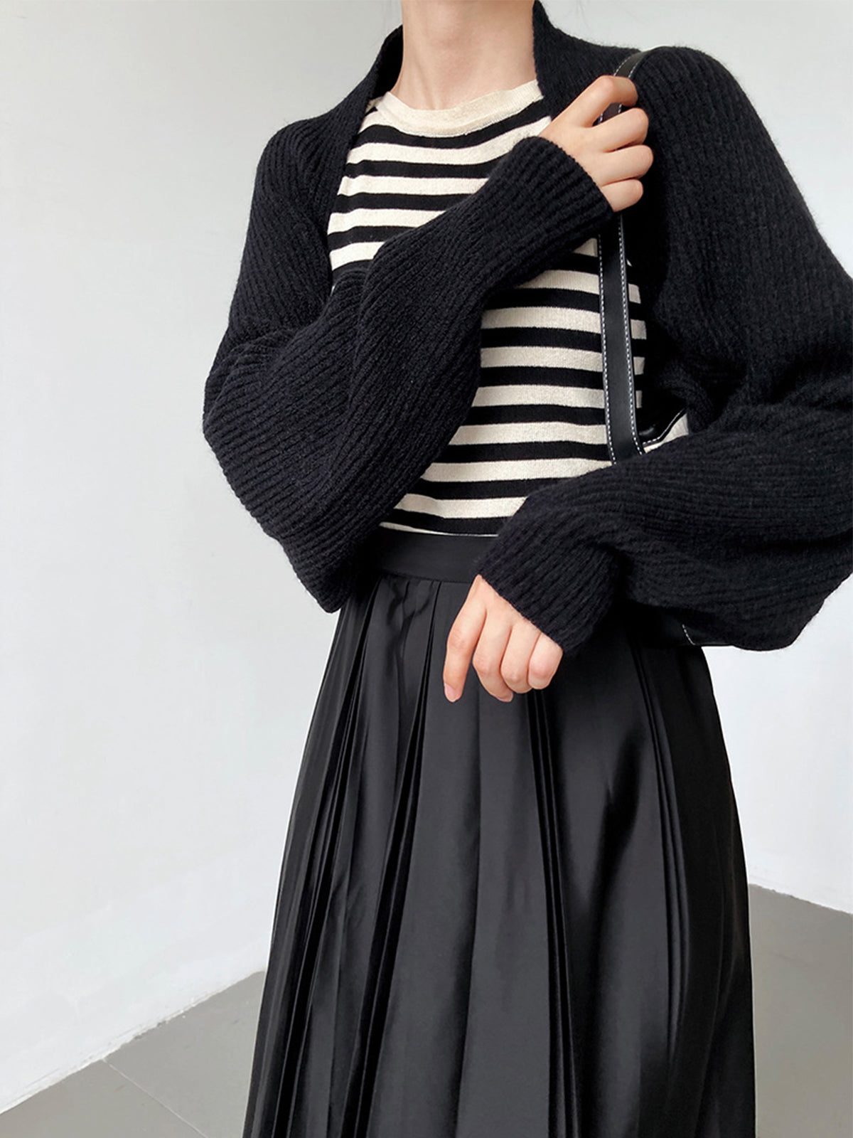 Ribbed Knit Open-Front Long Sleeve Cardigan for Women - Black