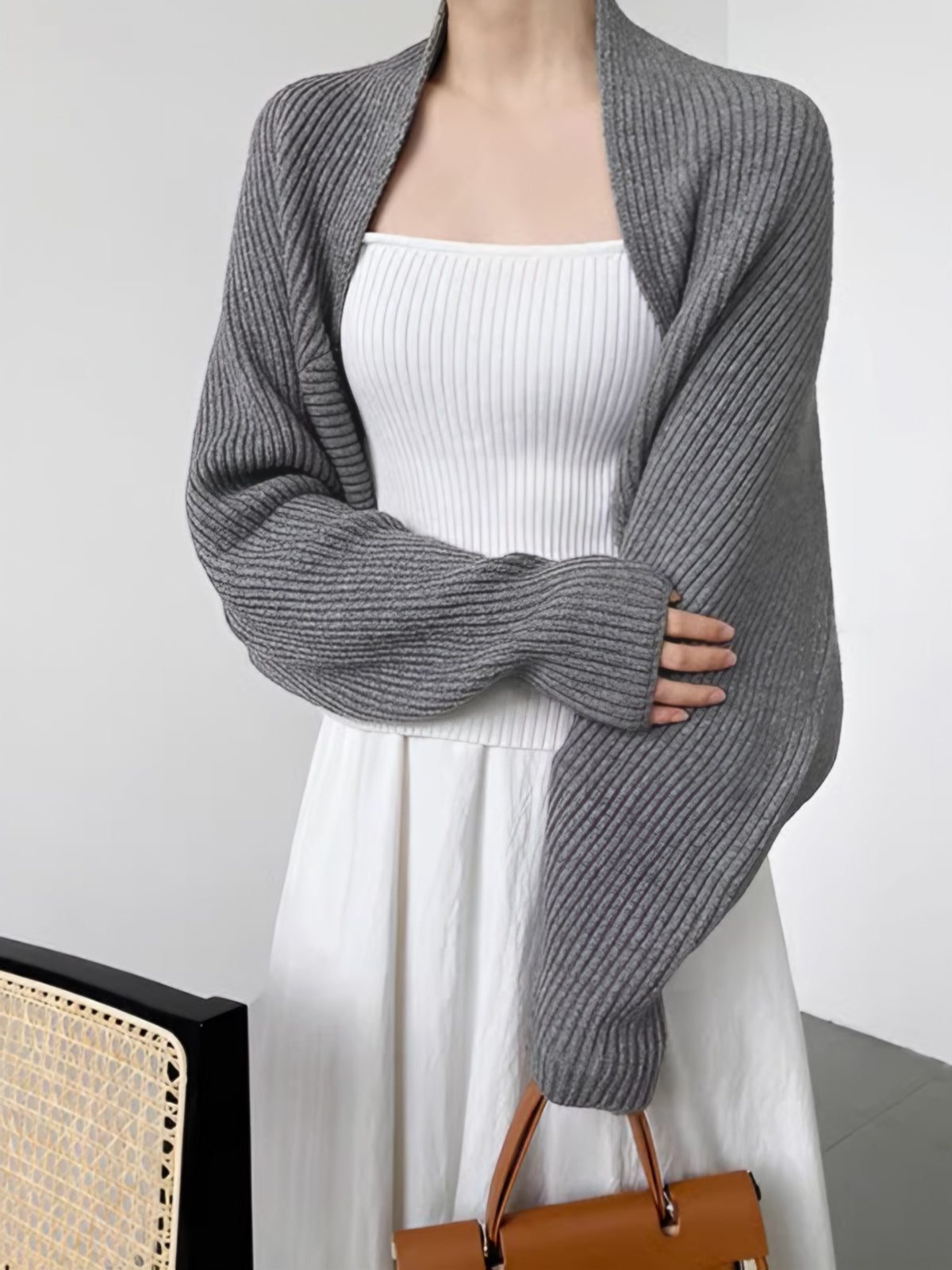 Ribbed Knit Open-Front Long Sleeve Cardigan for Women - Grey