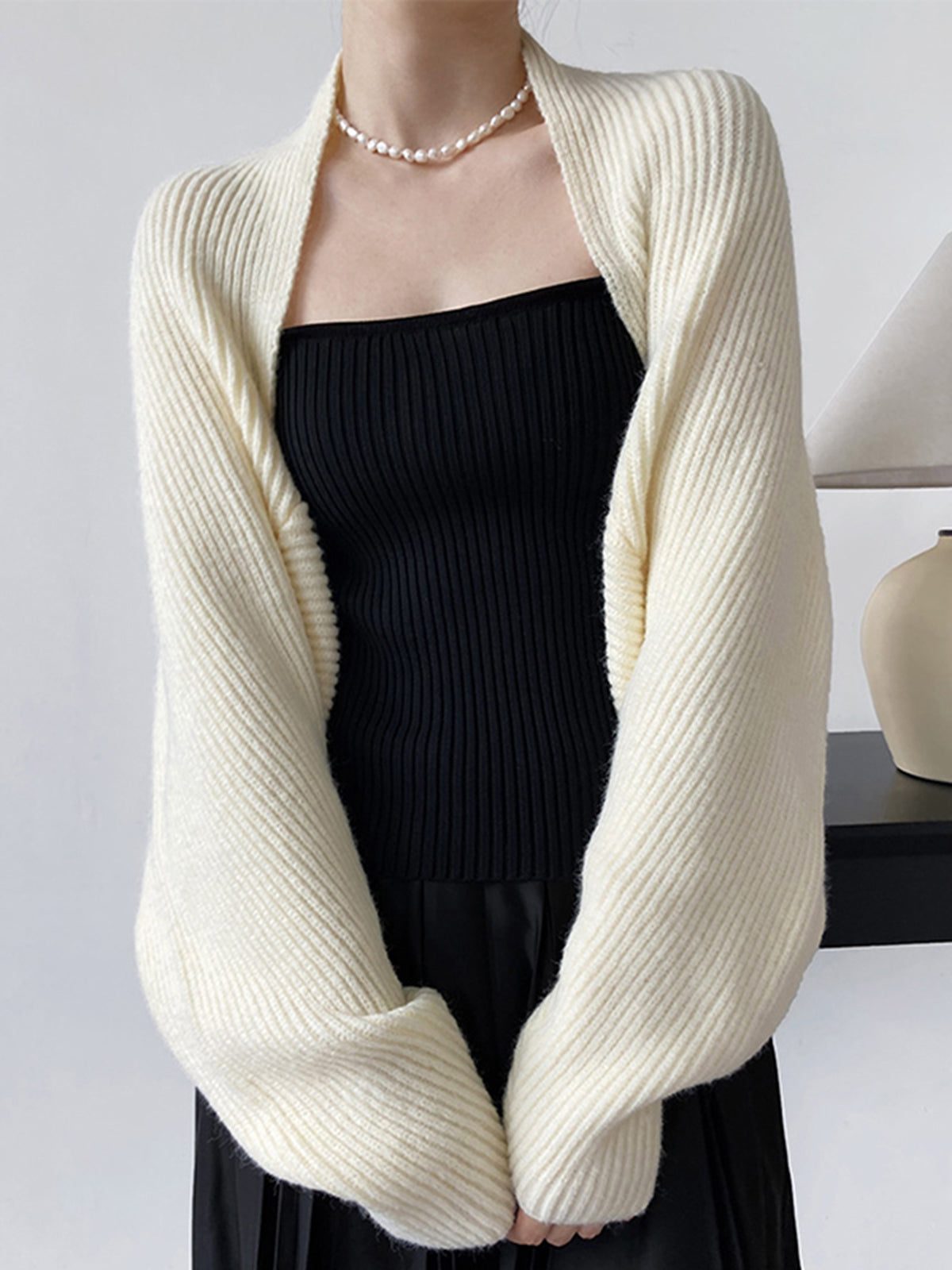 Ribbed Knit Open-Front Long Sleeve Cardigan for Women - Off-White