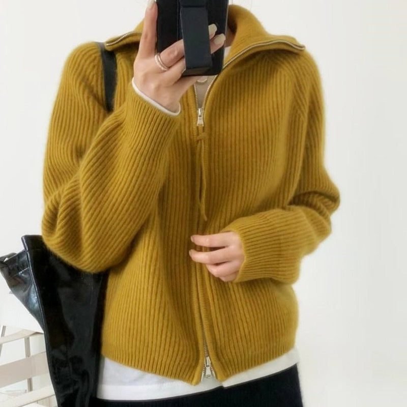 Ribbed Knit Oversized Cardigan with Stand Collar and Zip for Women - Ginger Yellow