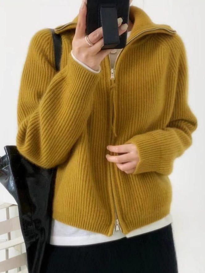 Ribbed Knit Oversized Cardigan with Stand Collar and Zip for Women - View 4