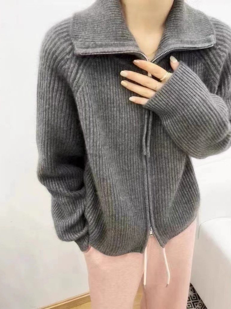Ribbed Knit Oversized Cardigan with Stand Collar and Zip for Women
