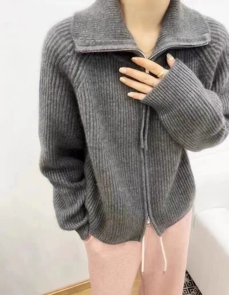 Ribbed Knit Oversized Cardigan with Stand Collar and Zip for Women - Gray