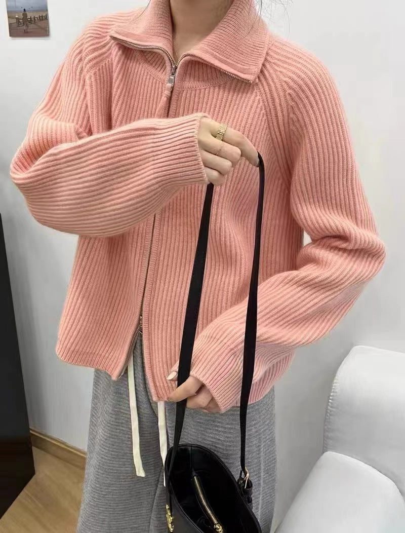 Ribbed Knit Oversized Cardigan with Stand Collar and Zip for Women - Rose