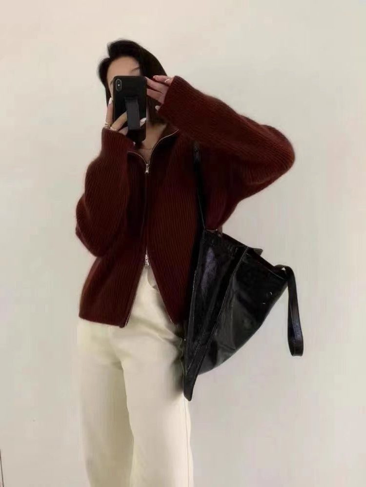 Ribbed Knit Oversized Cardigan with Stand Collar and Zip for Women - Coffee Brown