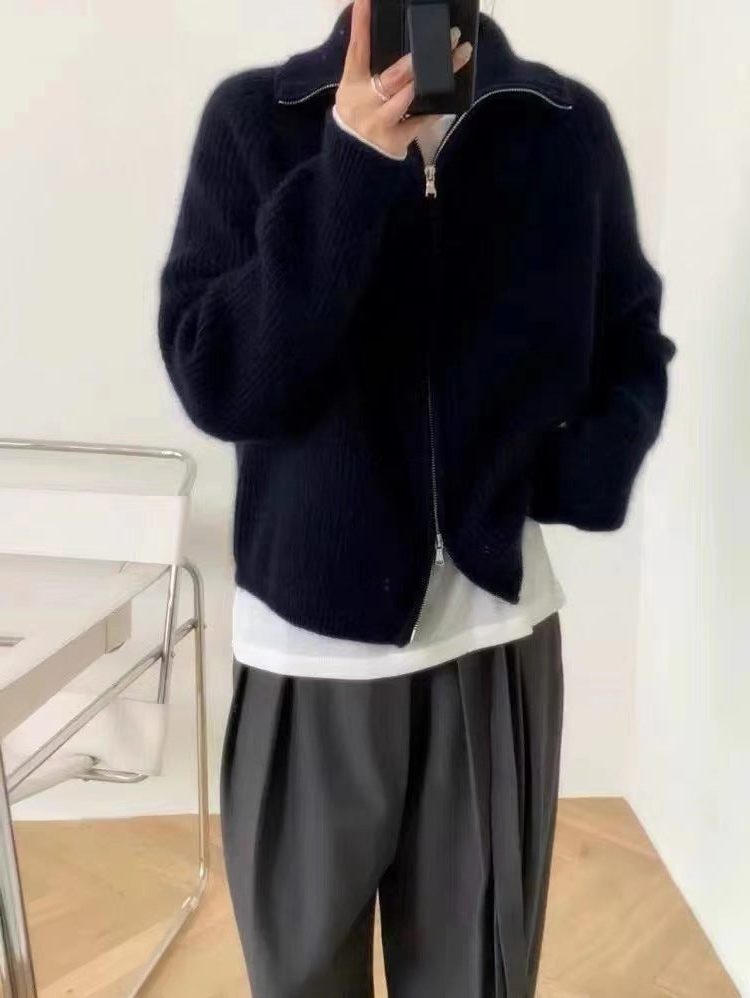 Ribbed Knit Oversized Cardigan with Stand Collar and Zip for Women - Navy Blue