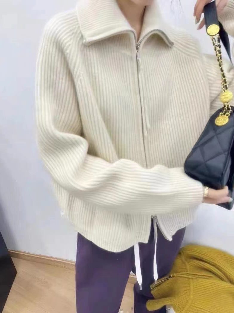 Ribbed Knit Oversized Cardigan with Stand Collar and Zip for Women - View 2
