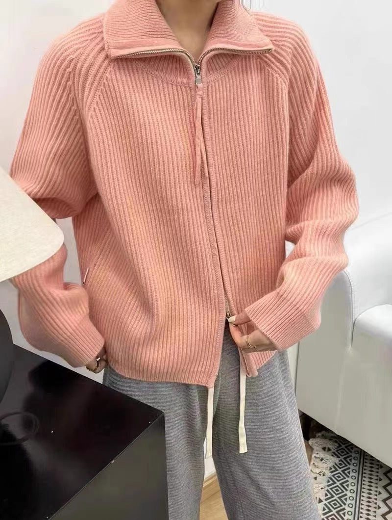 Ribbed Knit Oversized Cardigan with Stand Collar and Zip for Women - View 3