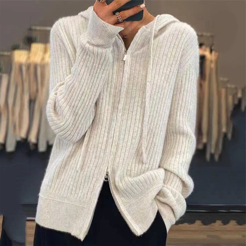 Ribbed Knit Oversized Hooded Cardigan with Two-Way Zipper for Women