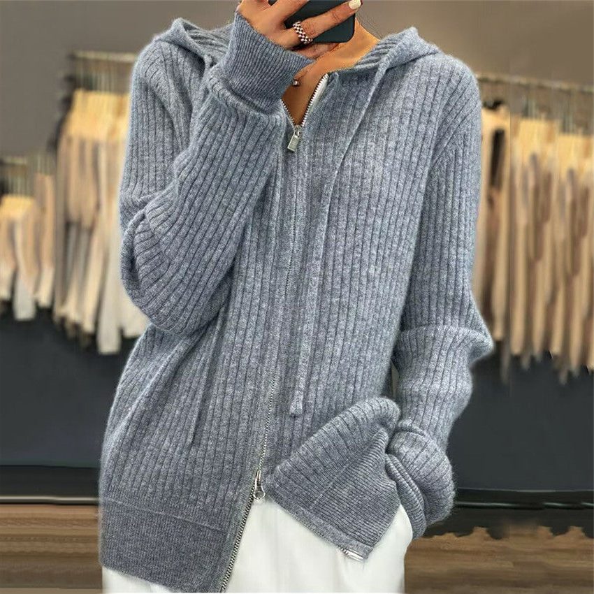 Ribbed Knit Oversized Hooded Cardigan with Two-Way Zipper for Women - Gray