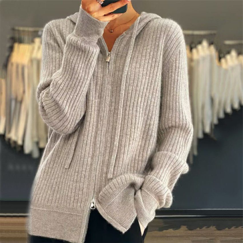 Ribbed Knit Oversized Hooded Cardigan with Two-Way Zipper for Women - Light Camel