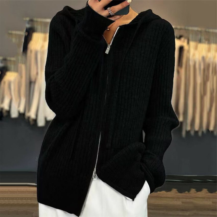 Ribbed Knit Oversized Hooded Cardigan with Two-Way Zipper for Women - Black