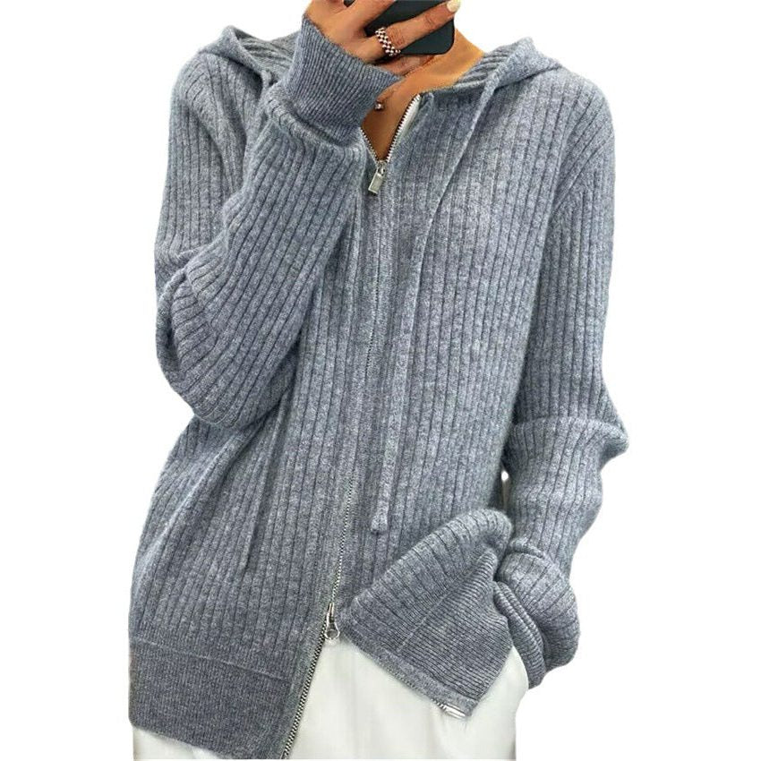 Ribbed Knit Oversized Hooded Cardigan with Two-Way Zipper for Women - View 5