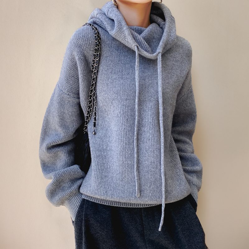 Ribbed Knit Roll Neck Hoodie Pullover for Women - View 3