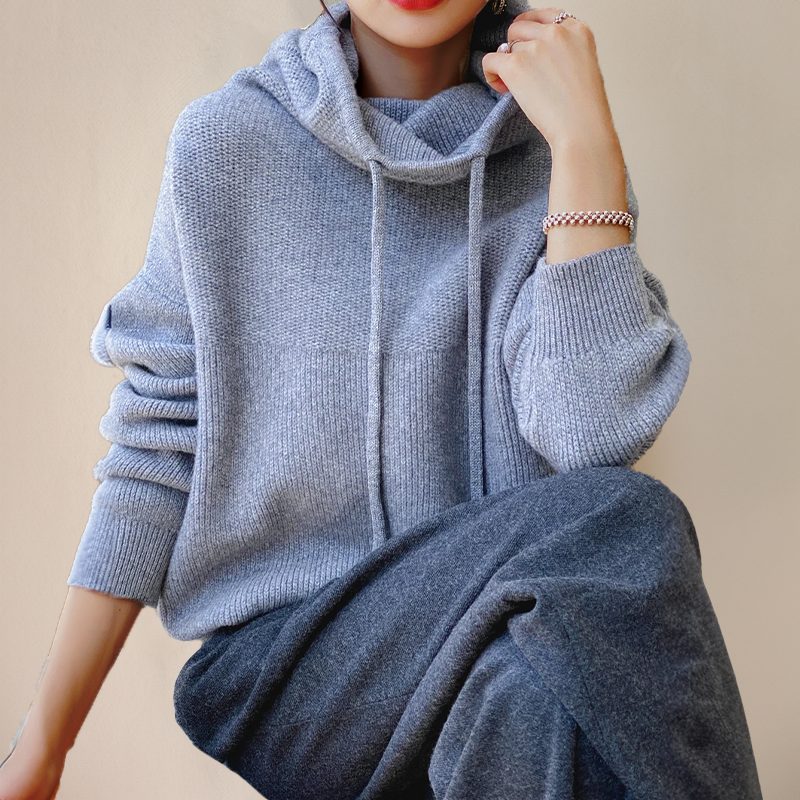 Ribbed Knit Roll Neck Hoodie Pullover for Women - View 4
