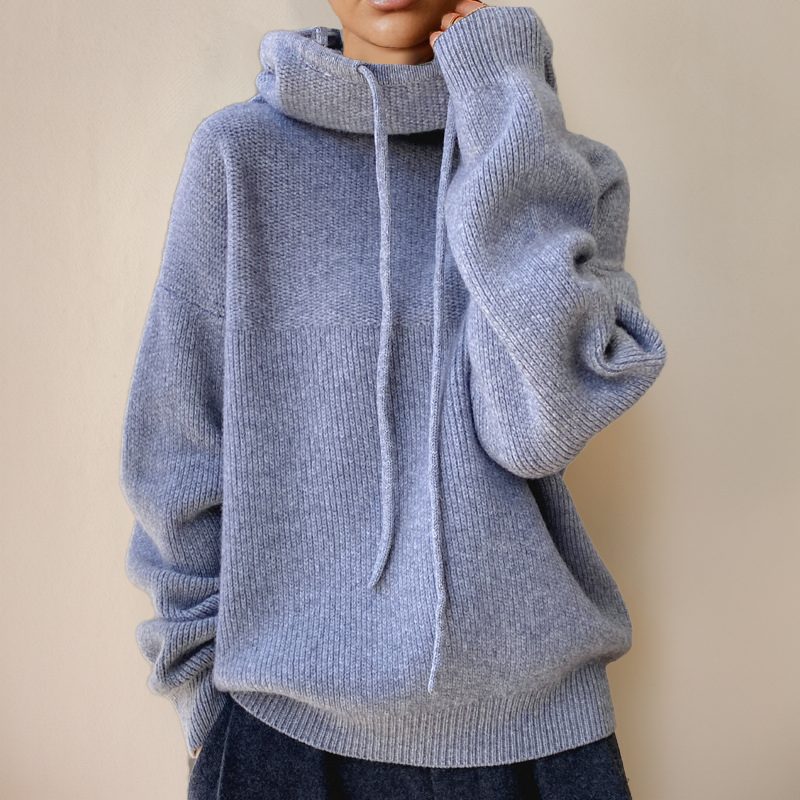 Ribbed Knit Roll Neck Hoodie Pullover for Women - Grau