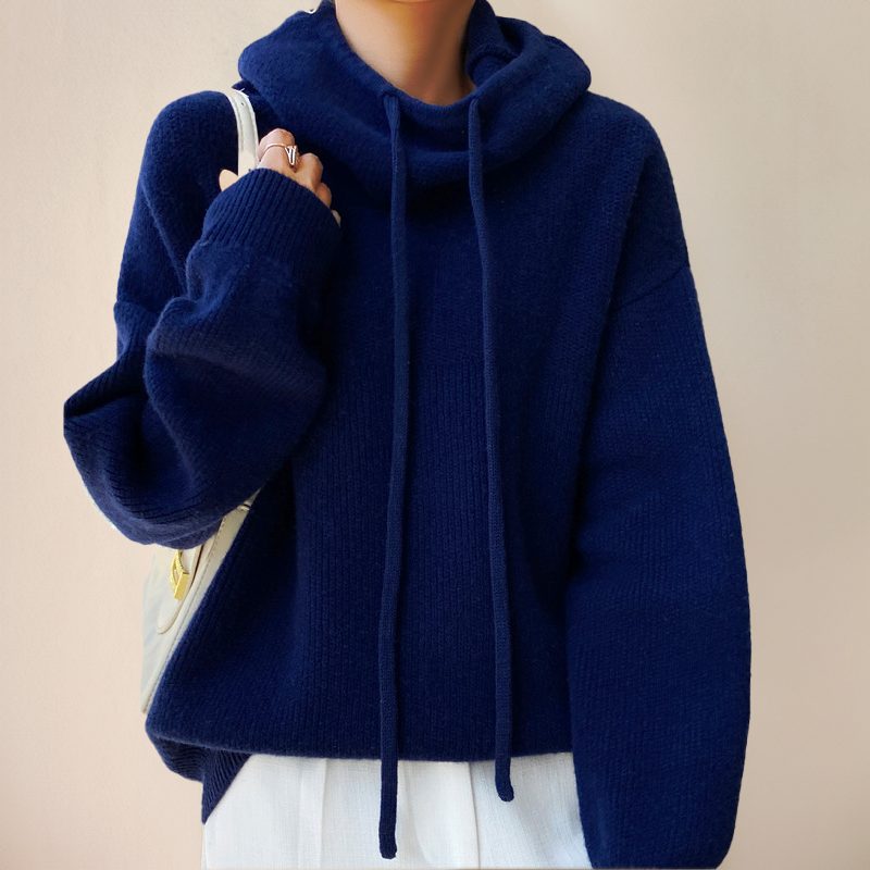 Ribbed Knit Roll Neck Hoodie Pullover for Women - Blau