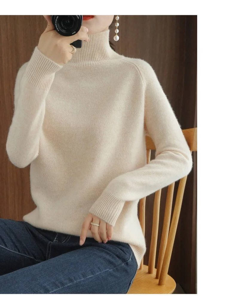Ribbed Knit Roll Neck Merino Wool Sweater for Women - View 6
