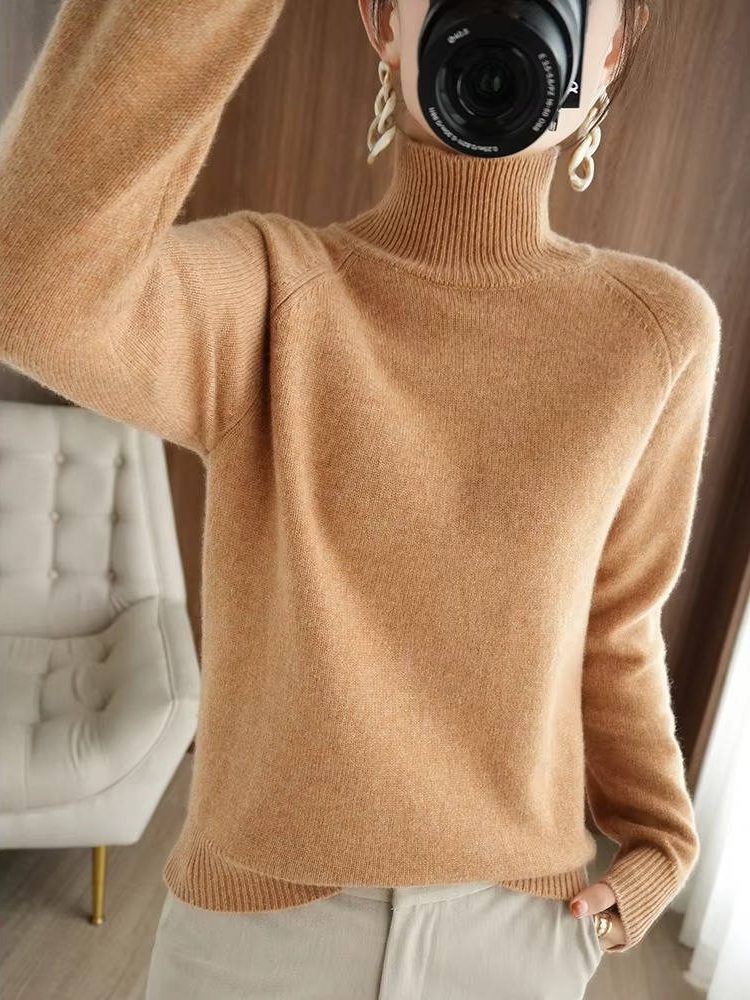 Ribbed Knit Roll Neck Merino Wool Sweater for Women - View 8