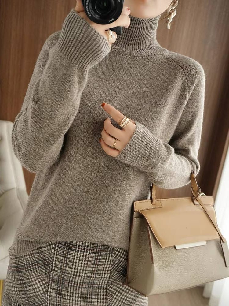Ribbed Knit Roll Neck Merino Wool Sweater for Women - View 10