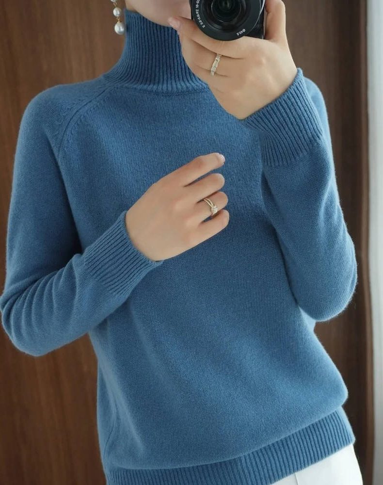 Ribbed Knit Roll Neck Merino Wool Sweater for Women - Wumai Blue